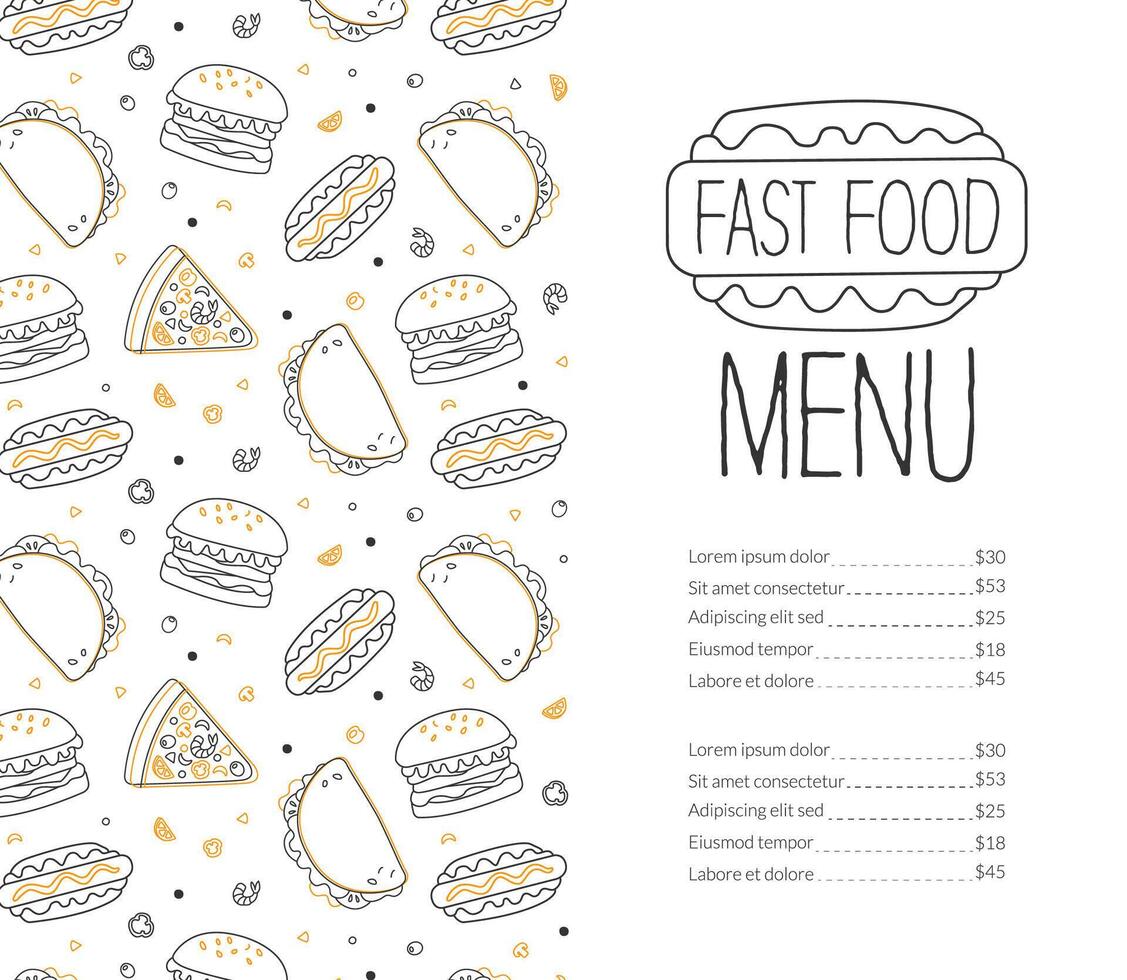 Fast Food Menu Template, Tasty Dishes, Restaurant or Cafe Design Element, Delicious Food Menu Cover Layout Linear Illustration vector