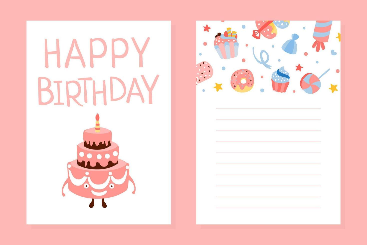 Birthday Party Invitation Card Template with with Cute Sweets and Desserts Characters Cartoon Illustration vector