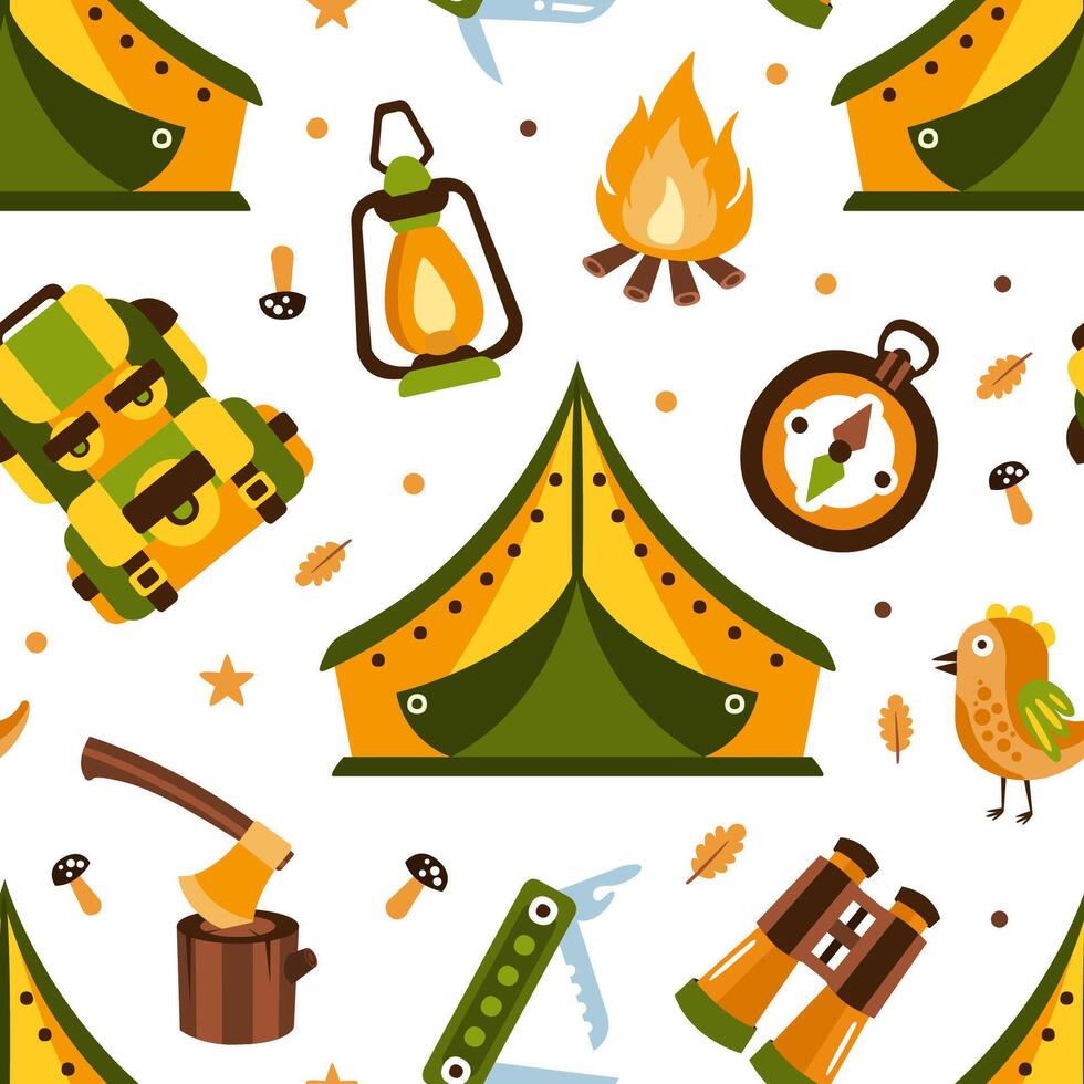Camping Seamless Pattern with Hiking Equipment, Summer Adventures Design Element Can Be Used for Wallpaper, Packaging, Background Cartoon Illustration vector