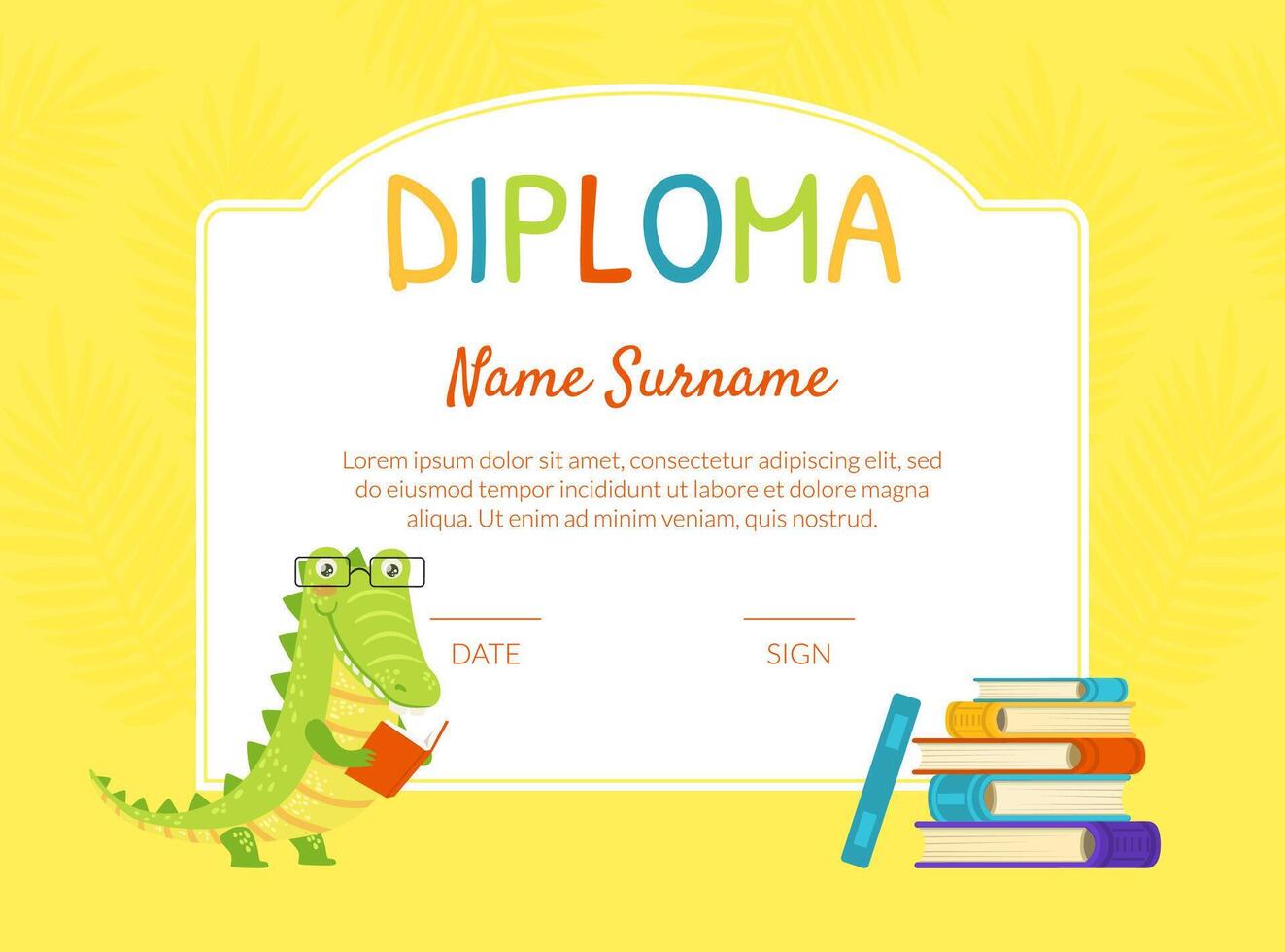 Kids Diploma Template, Educational Certificate for Children with Cute Reading Crockodile Cartoon Illustration vector