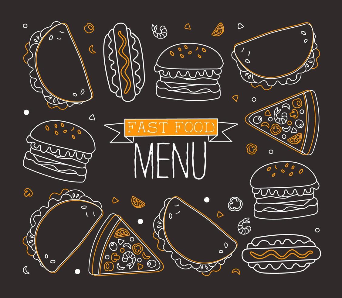 Fast Food Menu Banner Template with Burger, Pizza, Hot Dog, Tacos, Restaurant or Cafe Design Element Linear Illustration vector