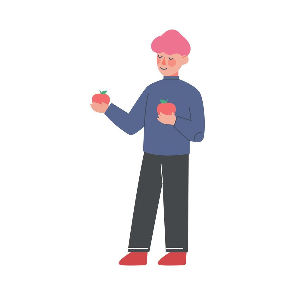 Cute Little Boy Standing and Holding Two Red Apples, Child Sharing Apples with His Friend Illustration vector