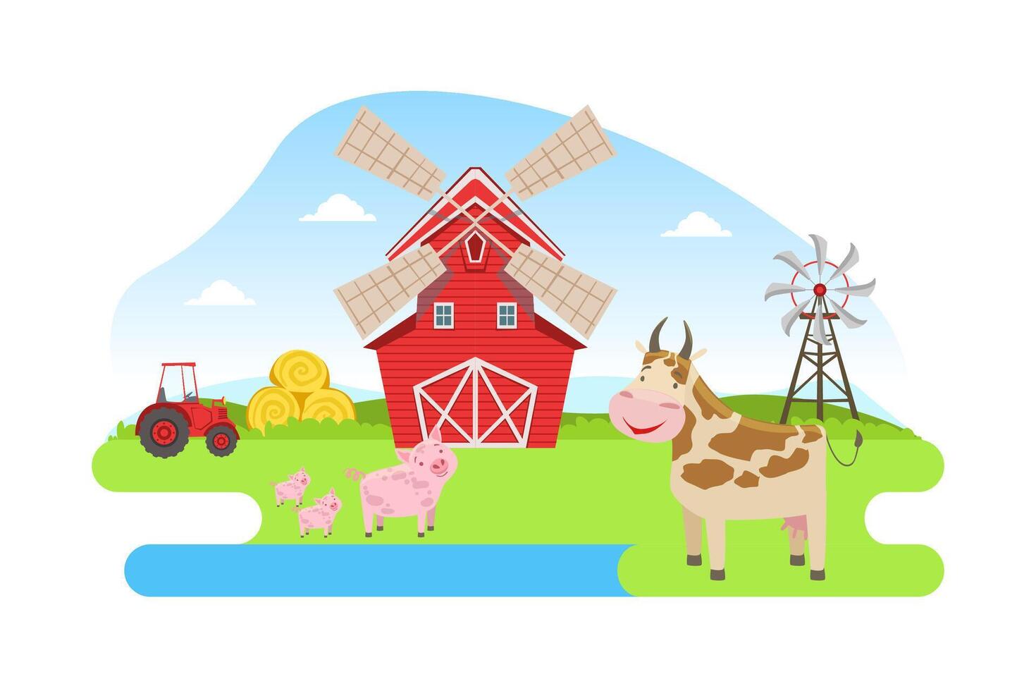 Farm Animals, Red Barn and Windmill on Beautiful Summer Rural Landscape Cartoon Illustration vector