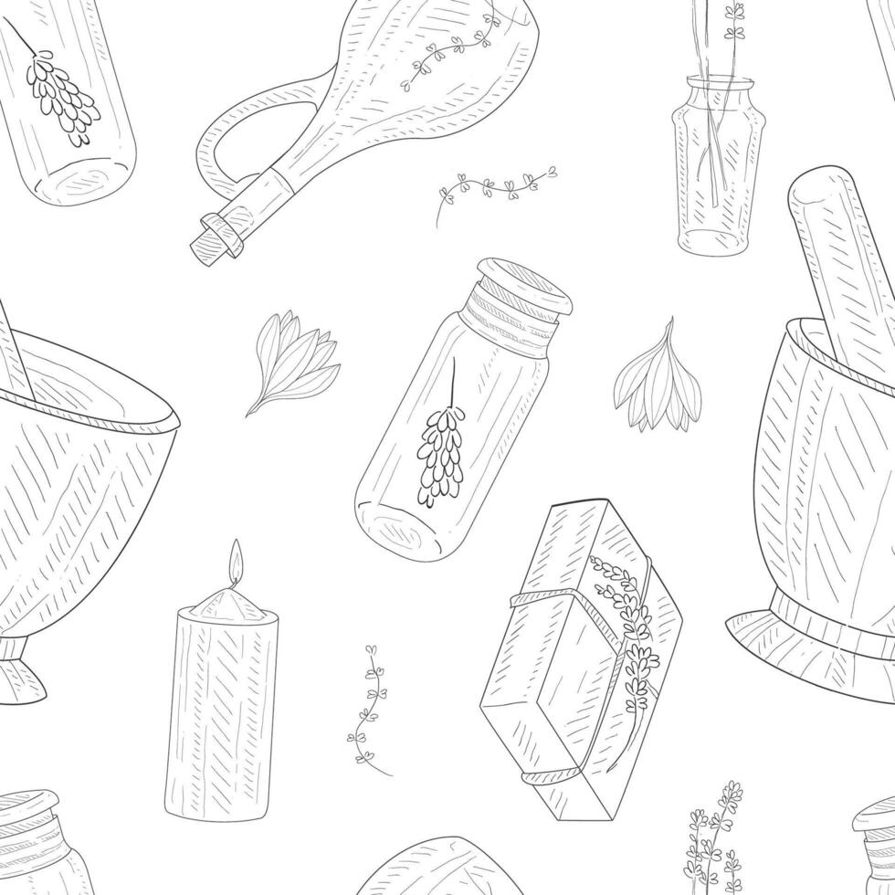 Natural Cosmetics Seamless Pattern, Lavender Flowers, Perfumes and Cosmetics Ingredients, Design Element Can Be Used Fabric, Banner, Wrapping Paper, Website illustration vector