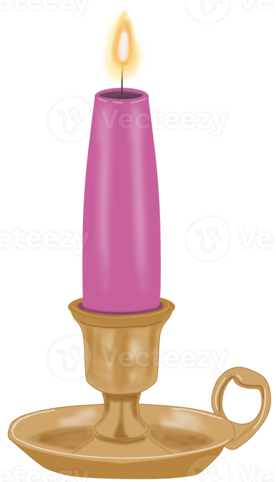 A candle with a purple flame on a gold stand png