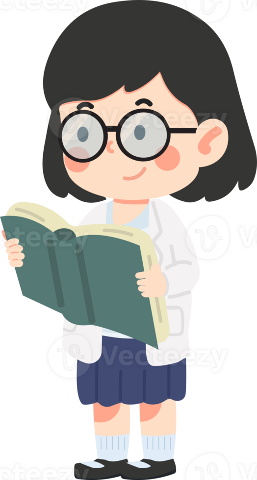 A cartoon girl in glasses reading a book png