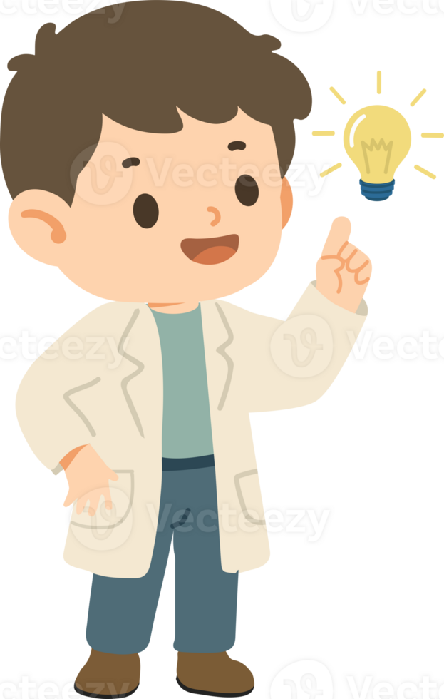 A cartoon boy in a lab coat holding a light bulb png