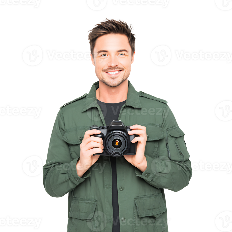 Man in green jacket holding camera png