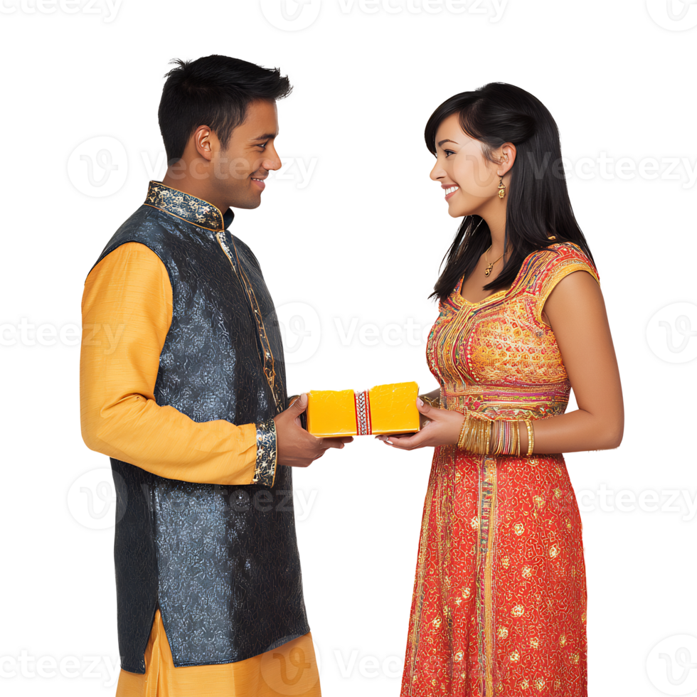A man and woman in traditional indian clothing holding a box png