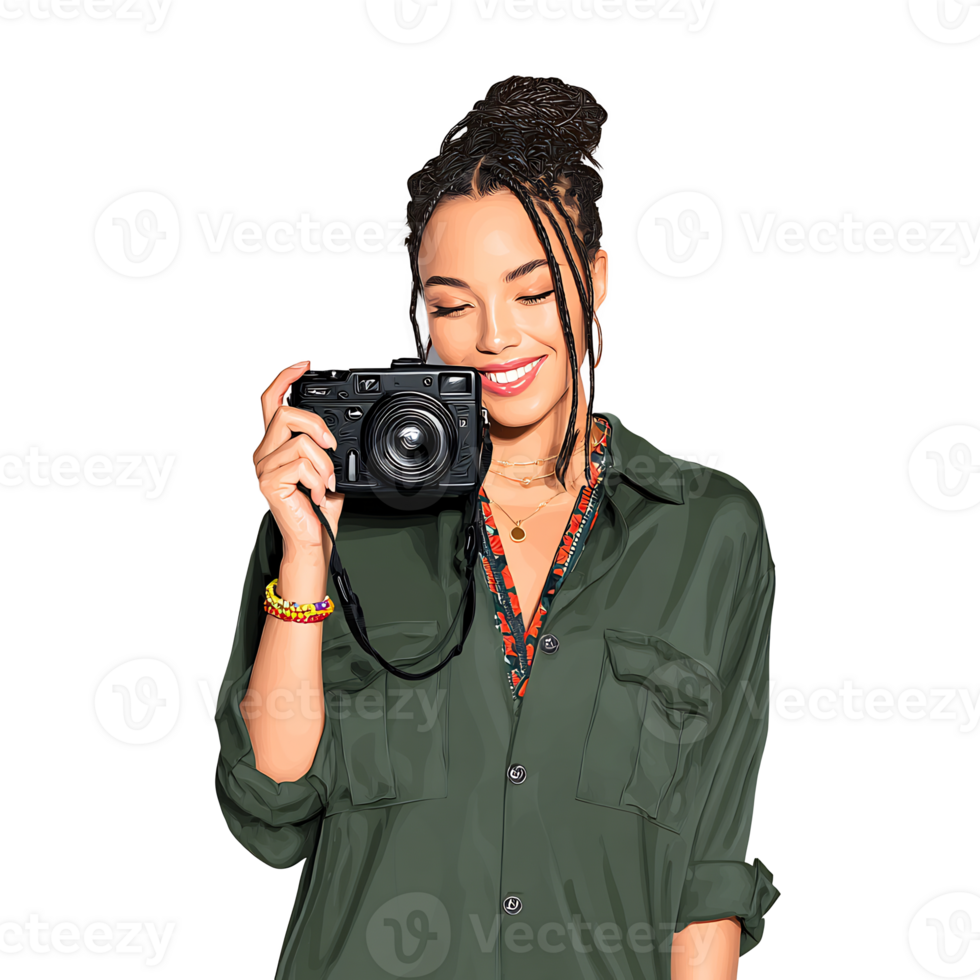 A woman holding a camera and smiling png