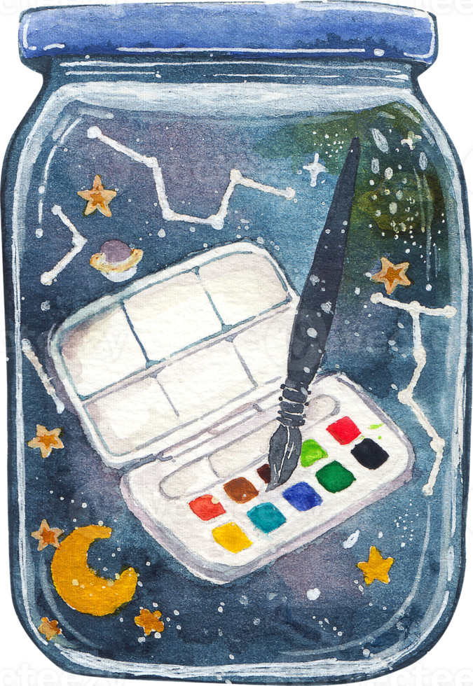 A whimsical watercolor illustration of a jar containing a cosmic scene with a paint set and brush surrounded by stars constellations and celestial elements png