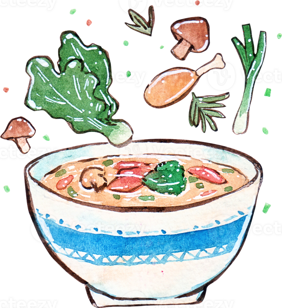 A vibrant watercolor illustration of a steaming bowl of soup with fresh ingredients such as leafy greens mushrooms chicken scallions and herbs floating above png