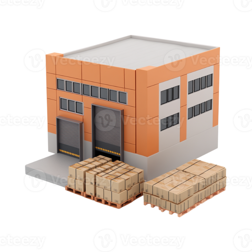 3D Minimalist Cartoon Style Warehouse Building Clipart Against Transparent Background for Logistics, Industrial Concepts, or Storage Illustrations png