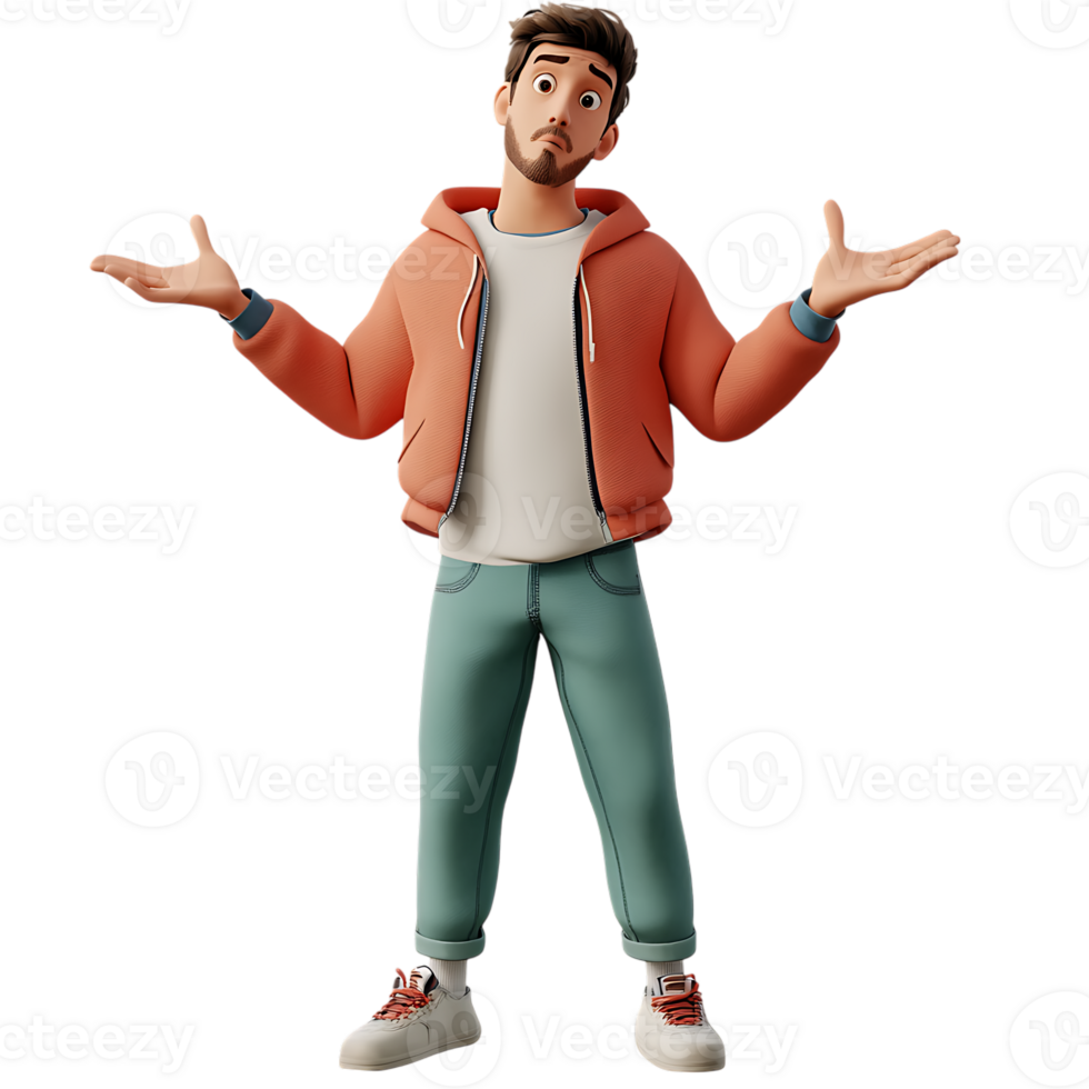 Man in Confused Pose 3D Illustration Cartoonish Style Against Transparent Background. png