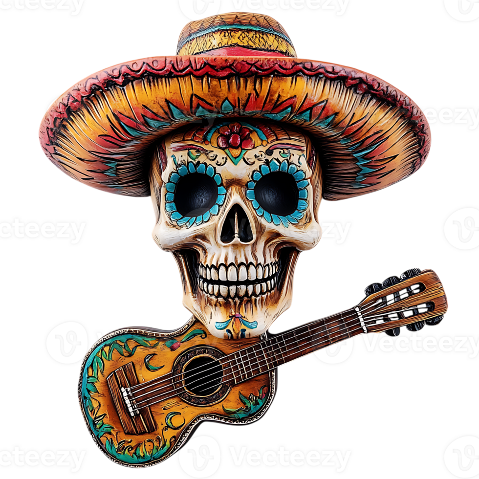 Skull with Guitar and Sombrero Against Transparent Background png