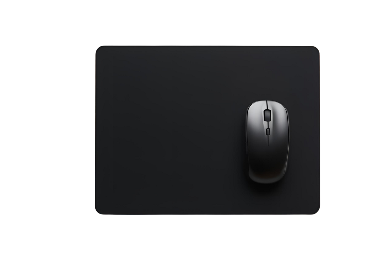Side view of blank black computer mat for mouse, showcasing sleek, smooth surface for precision use. png