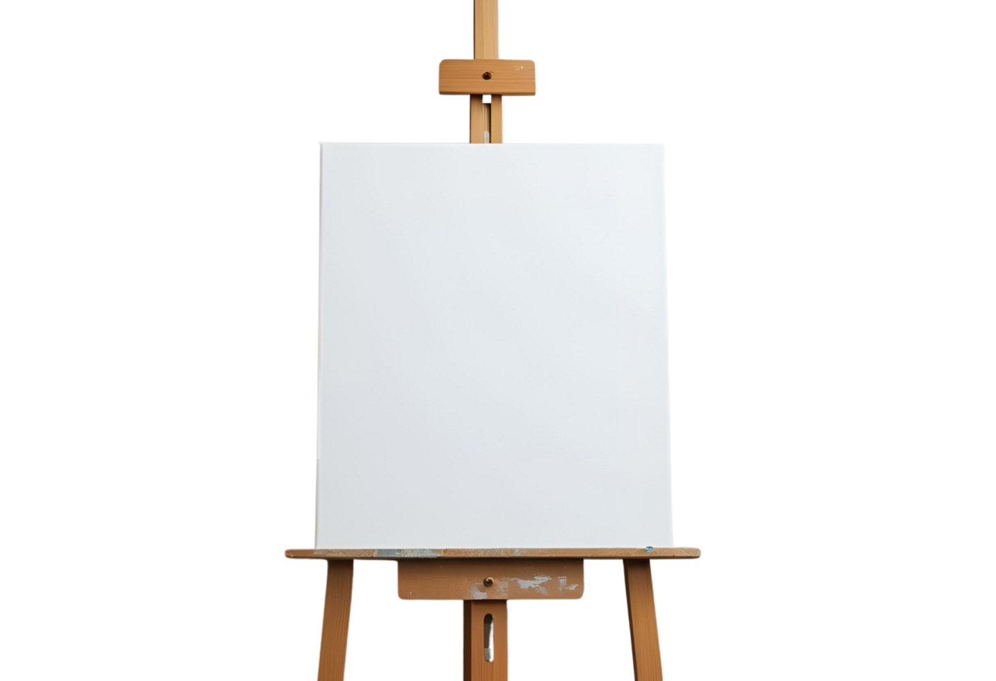 Blank canvas placed on wooden easel for artistic painting display. png