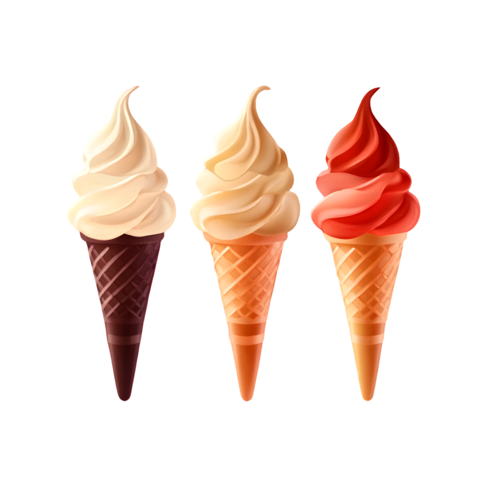 Three ice cream cones with different flavors on transparent background png