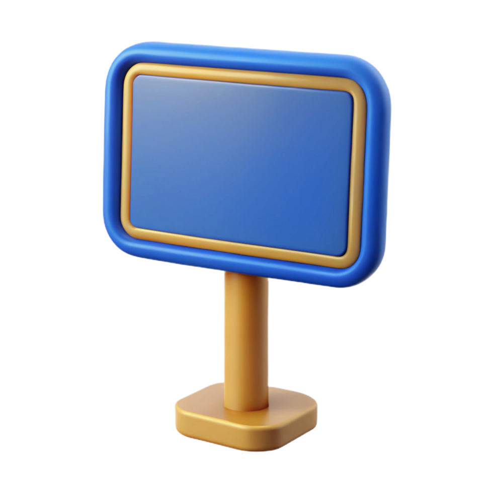 Glossy Blue Rectangle Sign with Golden Edges on a Stand with Transparent Background png