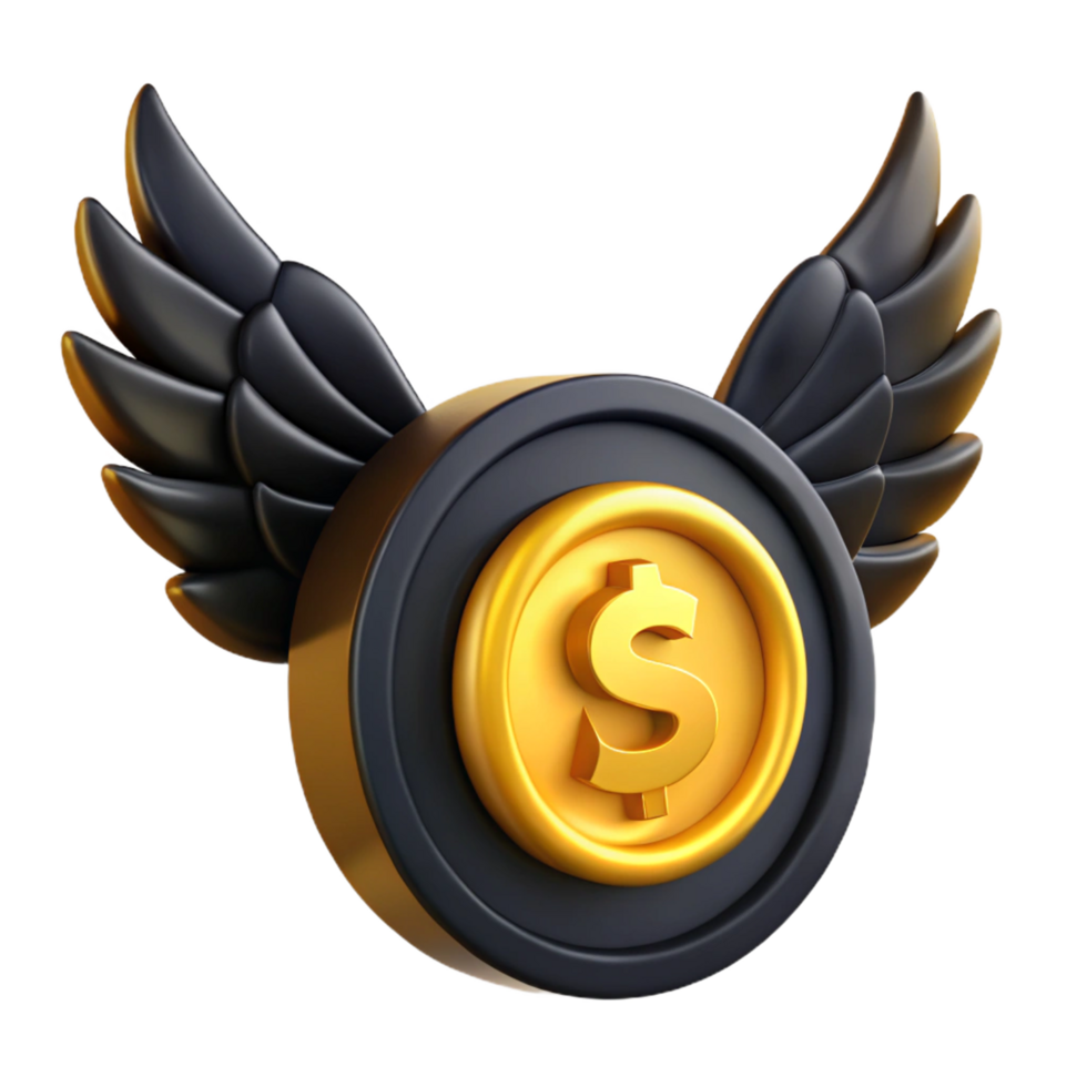 Flying Golden Dollar Coin, Black Round Coin with Wings on Transparent Background png