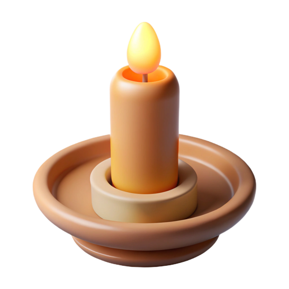 Lit Candle with Holder on Transparent Background, Orange Flame, Minimalist 3D png