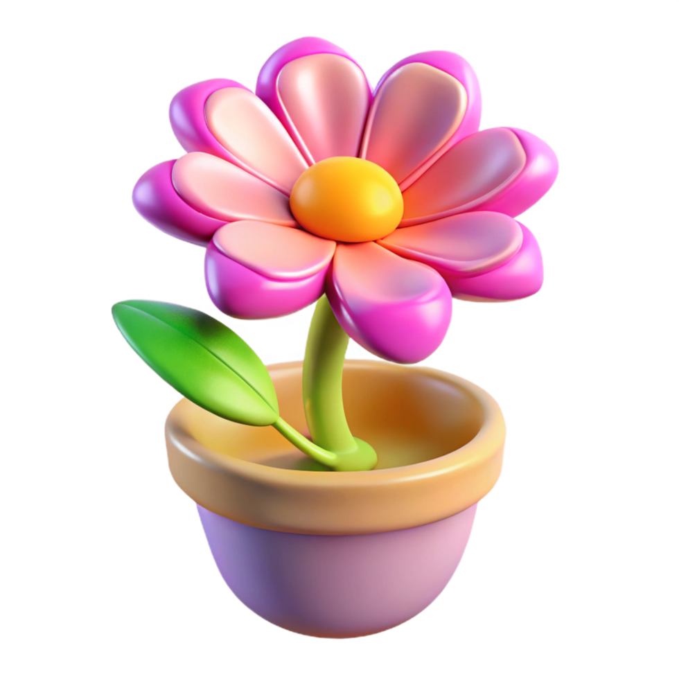 Cartoon Pink Flower with Yellow Center in Pot on Transparent Background png