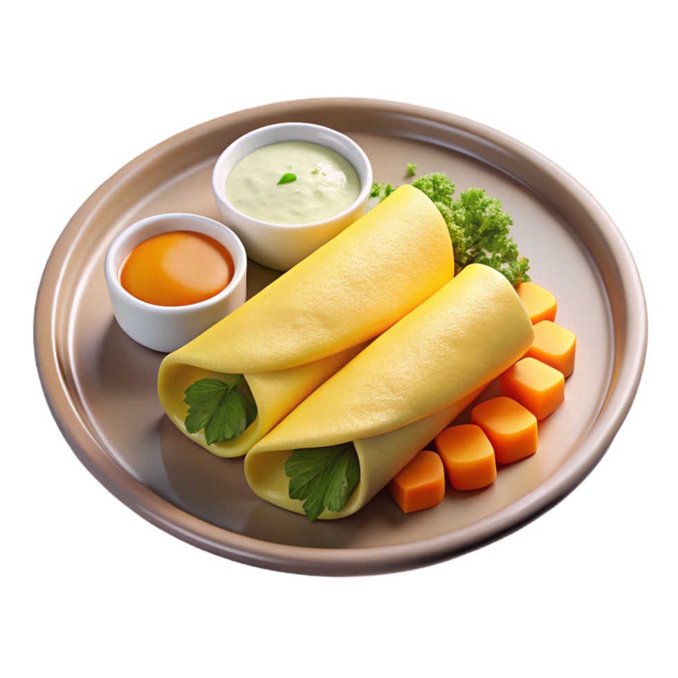 Two Wrapped Crepes with Parsley, Orange Sauce, and Green Dip on Tan Plate with Carrots png