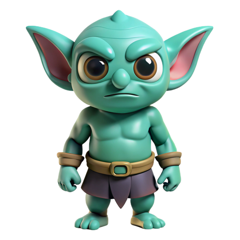 Animated green cartoon goblin with big ears, brown eyes, small skirt on transparent background png