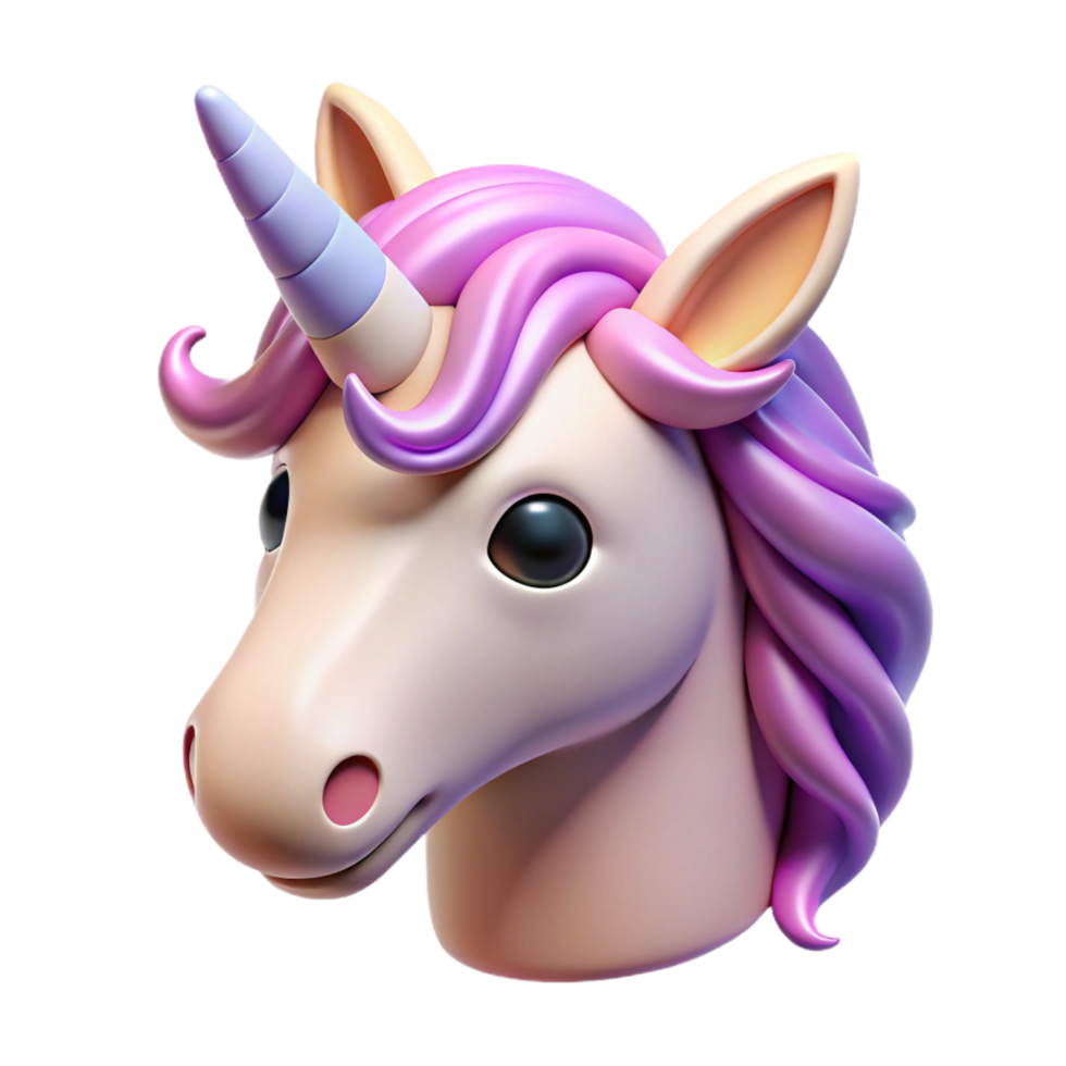 3D Unicorn Head with Purple Mane and Horn on Transparent Background png