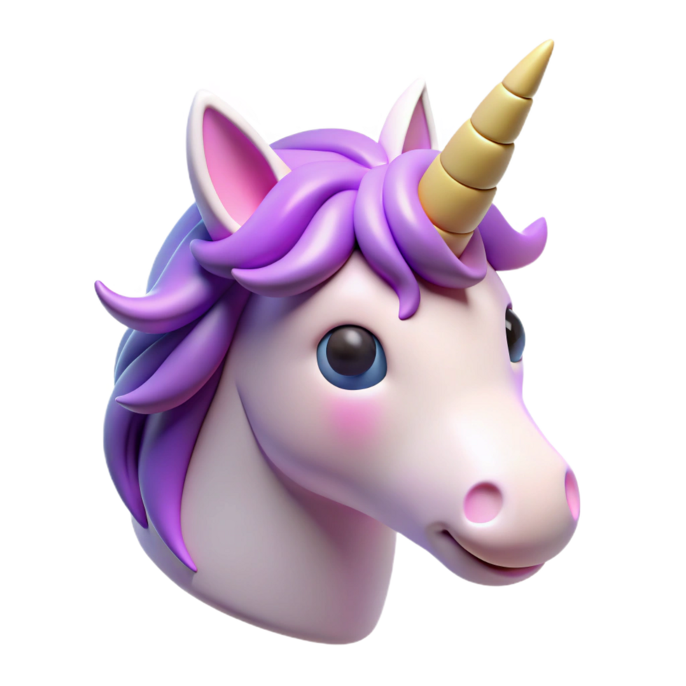 Smiling Unicorn Head with Purple Mane and Golden Horn on Transparent Background png