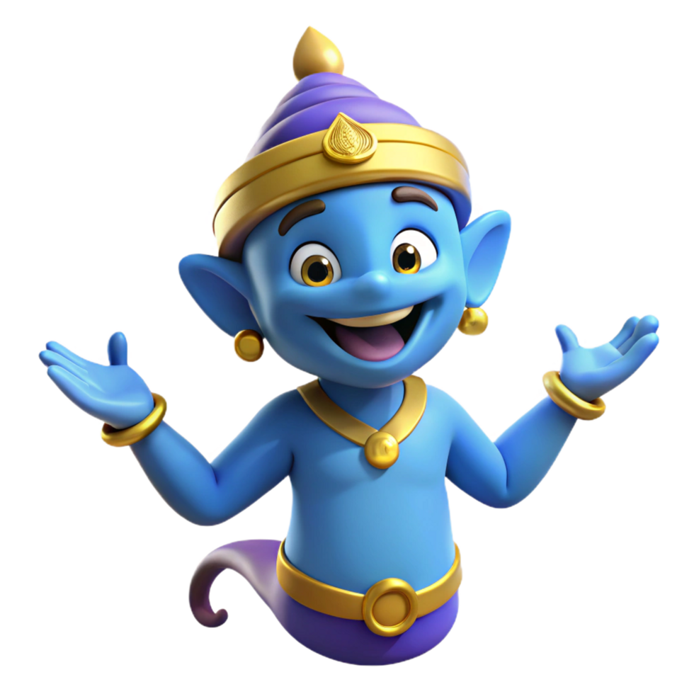 Smiling Cartoon Genie on Transparent Background with Raised Hands and Happy Expression png