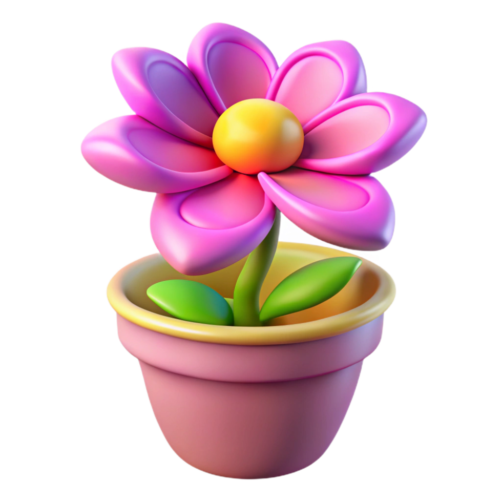 3D Render Flower in Pot with Pink Petals, Yellow Center and Green Leaves png