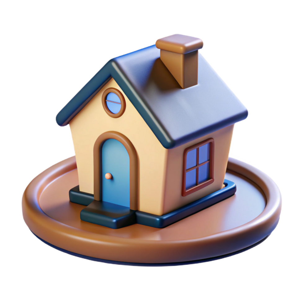 Cartoon Style Small House Structure with Blue Door on a Brown Circular Base 3D Render png
