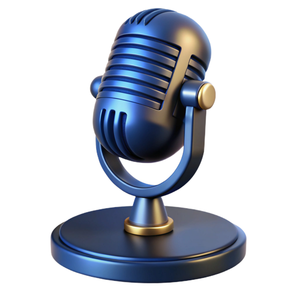 Shiny Metallic Blue Vintage Microphone on Stand on Transparent Background png