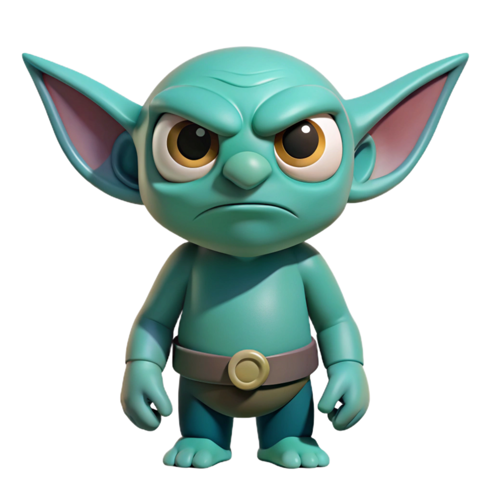 Grumpy Green Alien Character with Big Eyes and Large Ears on Transparent Background png