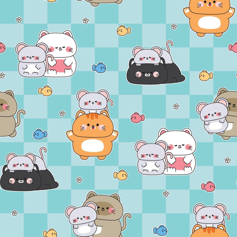 Seamless pattern of cute big cats and tiny mouse stay together in various poses with flower and fish background.Friendship.Love.Meow.Rat.Pet and rodent animal character cartoon.Kawaii vector