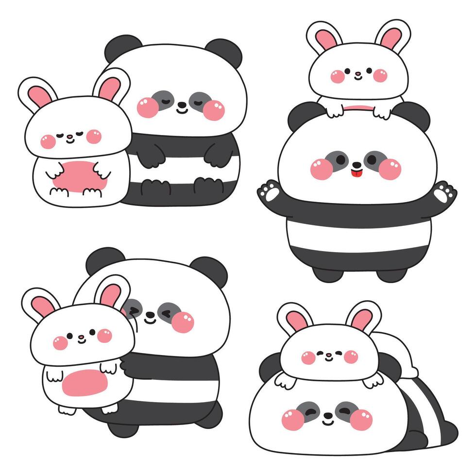 Set of cute big panda teddy bear and tiny rabbit stay together in various poses.Friendship.Love.Wild and rodent animal character cartoon.Kawaii.Illustration. vector