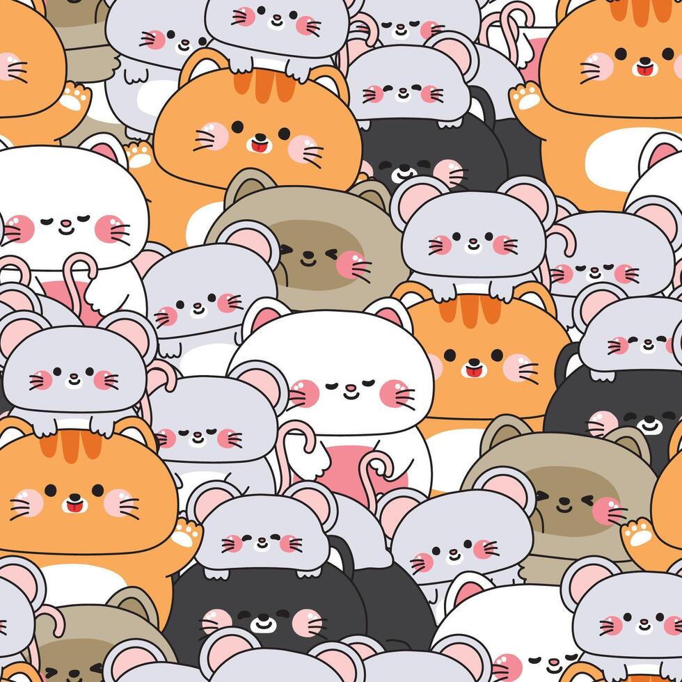 Repeat.Seamless pattern of cute big cats and tiny mouse stay together in various poses background.Friendship.Love.Meow.Rat.Pet and rodent animal character cartoon.Kawaii.Illustration. vector