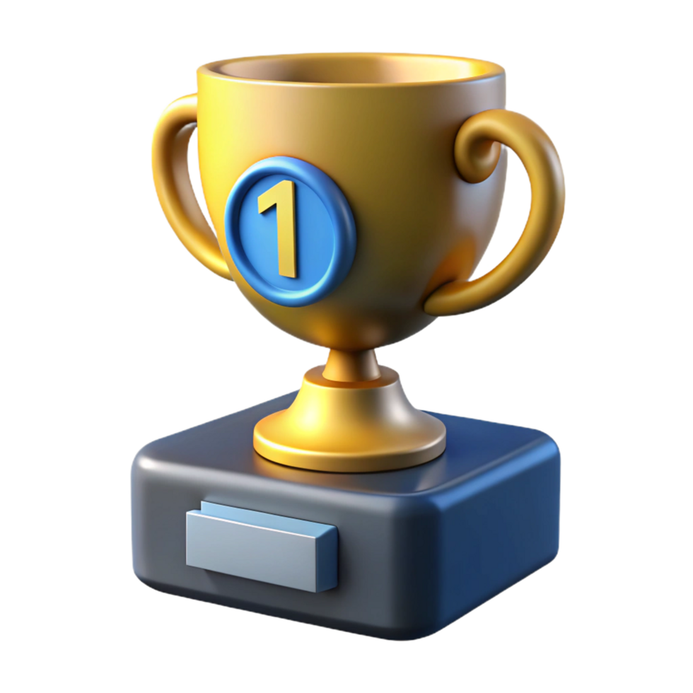 Golden Trophy Cup Number One on Blue Stand Transparent Background Design png