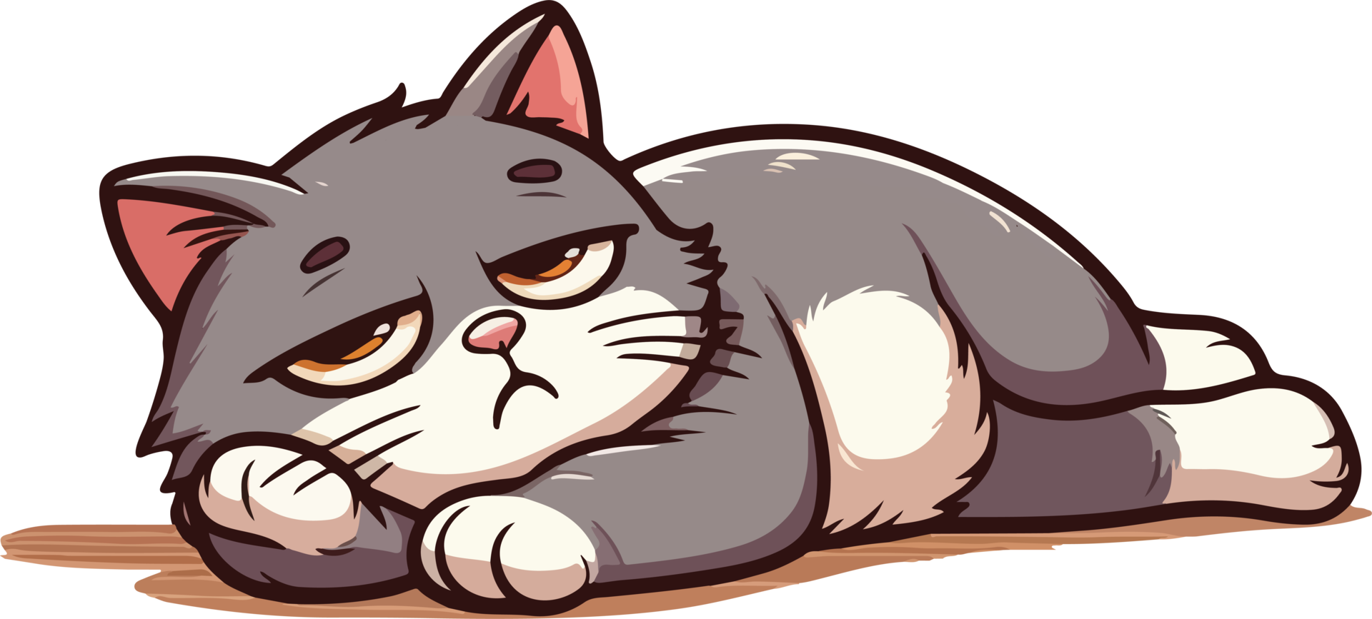 A bored and sleepy cartoon-style cat lying down with a tired expression. Great for funny animal themes, kids art, or merchandise png
