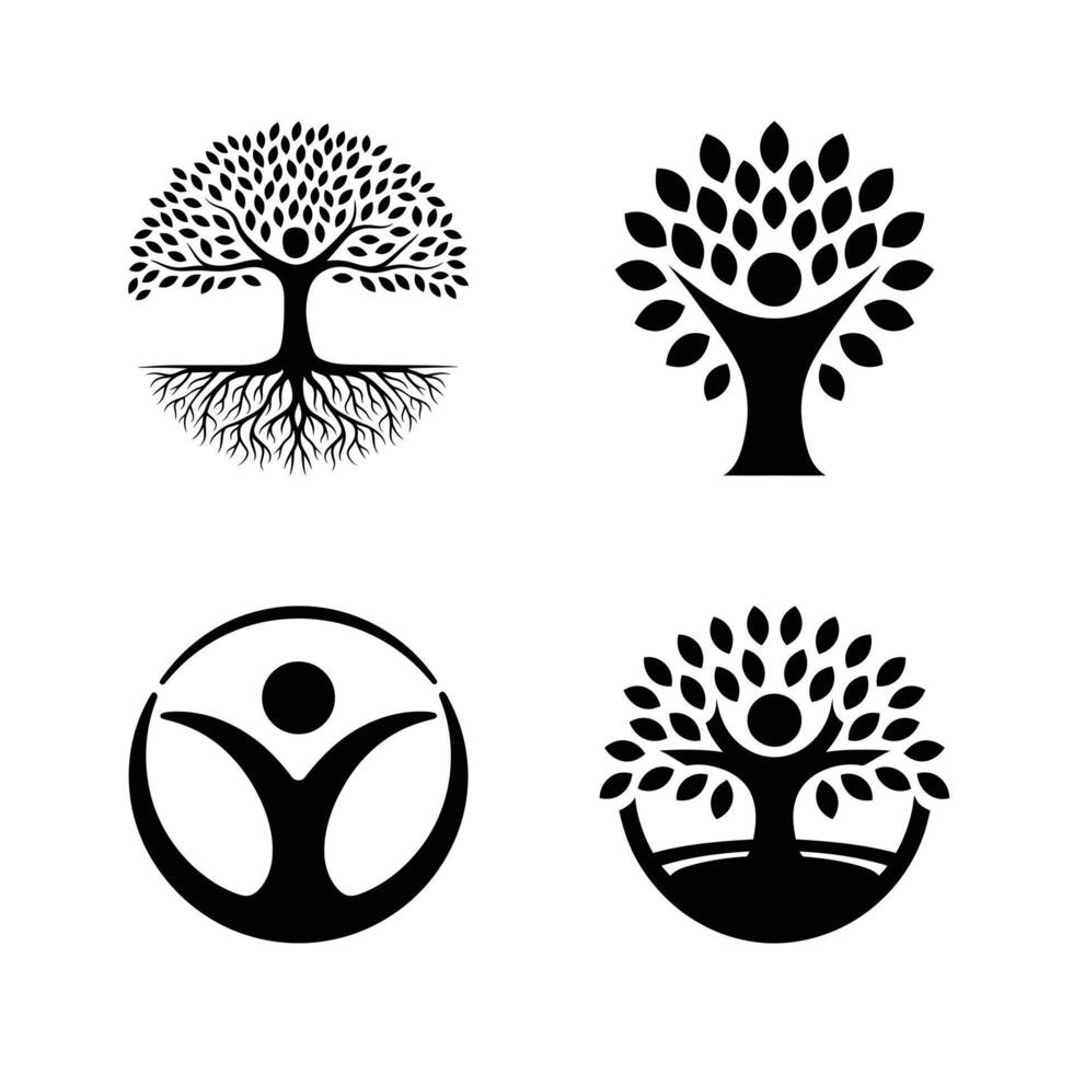 Four Black and White Tree Logos with Human Figures vector
