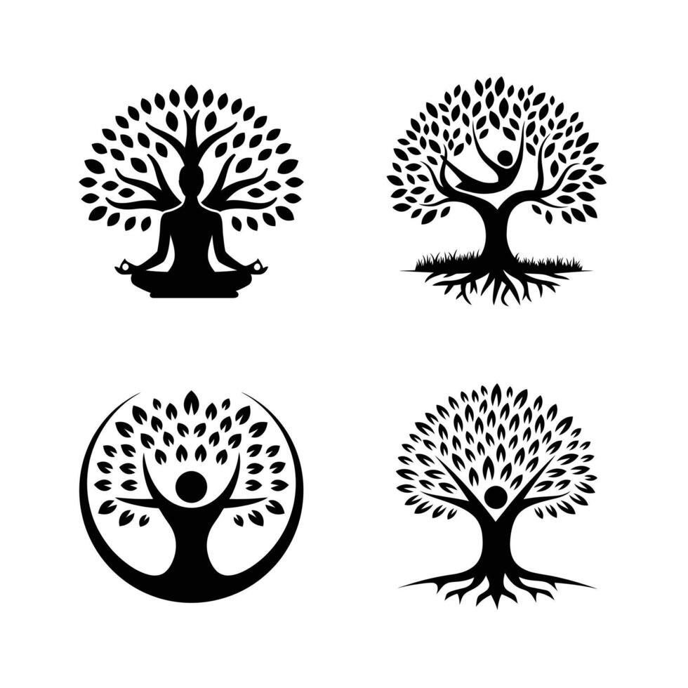 Four black and white silhouette tree logo designs with human figures. vector