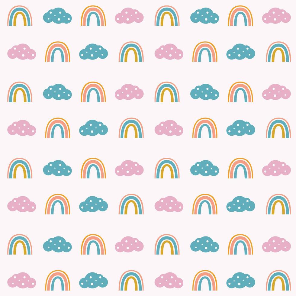 Beautiful rainbow and cloud pattern for children on a pink background. vector