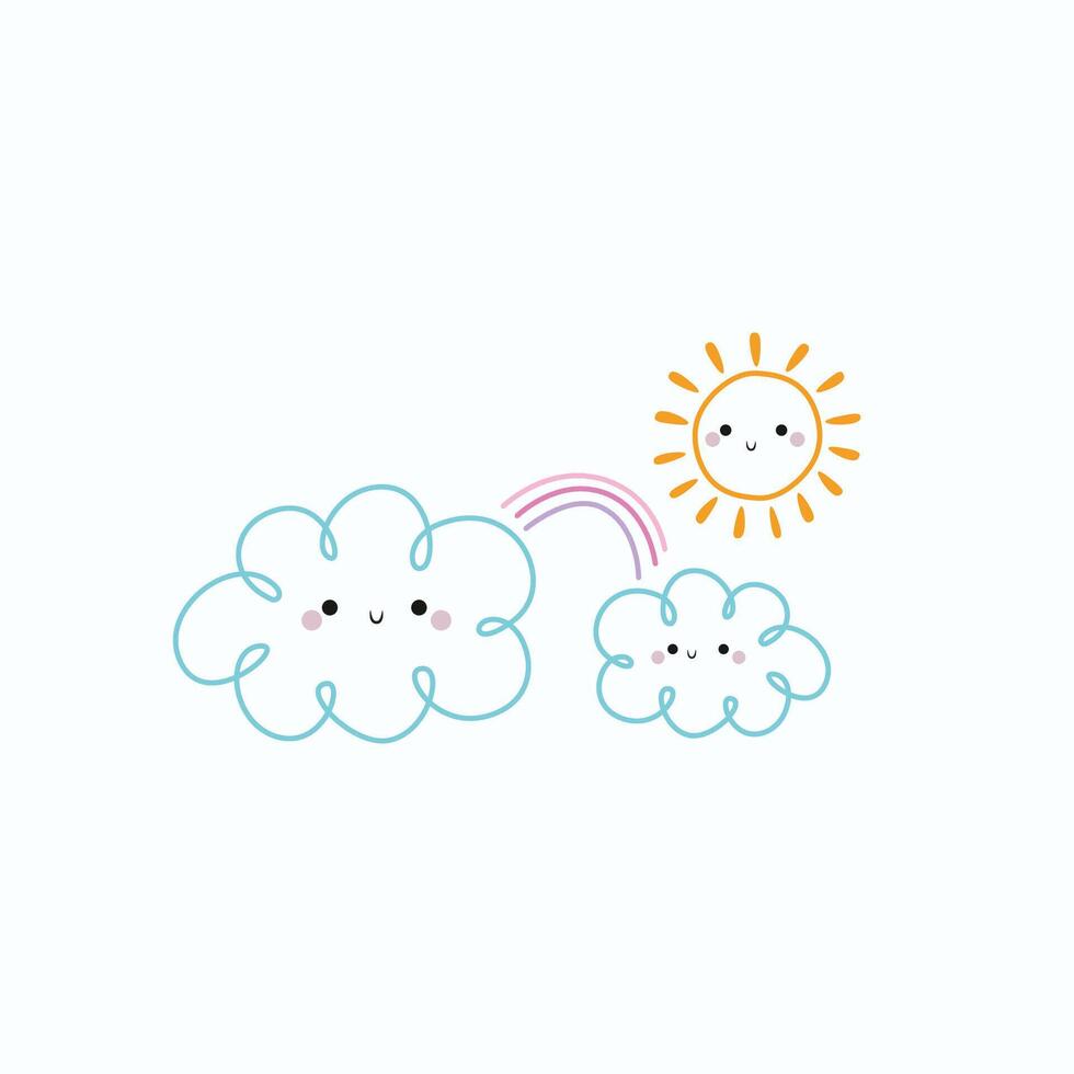 Cute kids' sun design, smiling sun and cloud outline on a clean background. vector