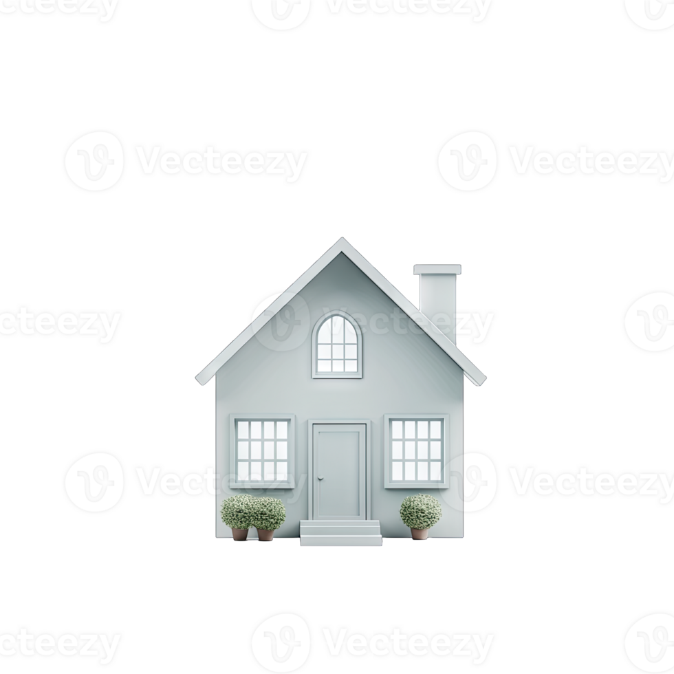 A simple gray house with a chimney and two bushes in front of it on a isolated png