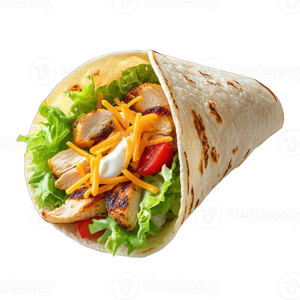 Delicious chicken wrap with lettuce cheese tomato and sour cream on a isolated shot png