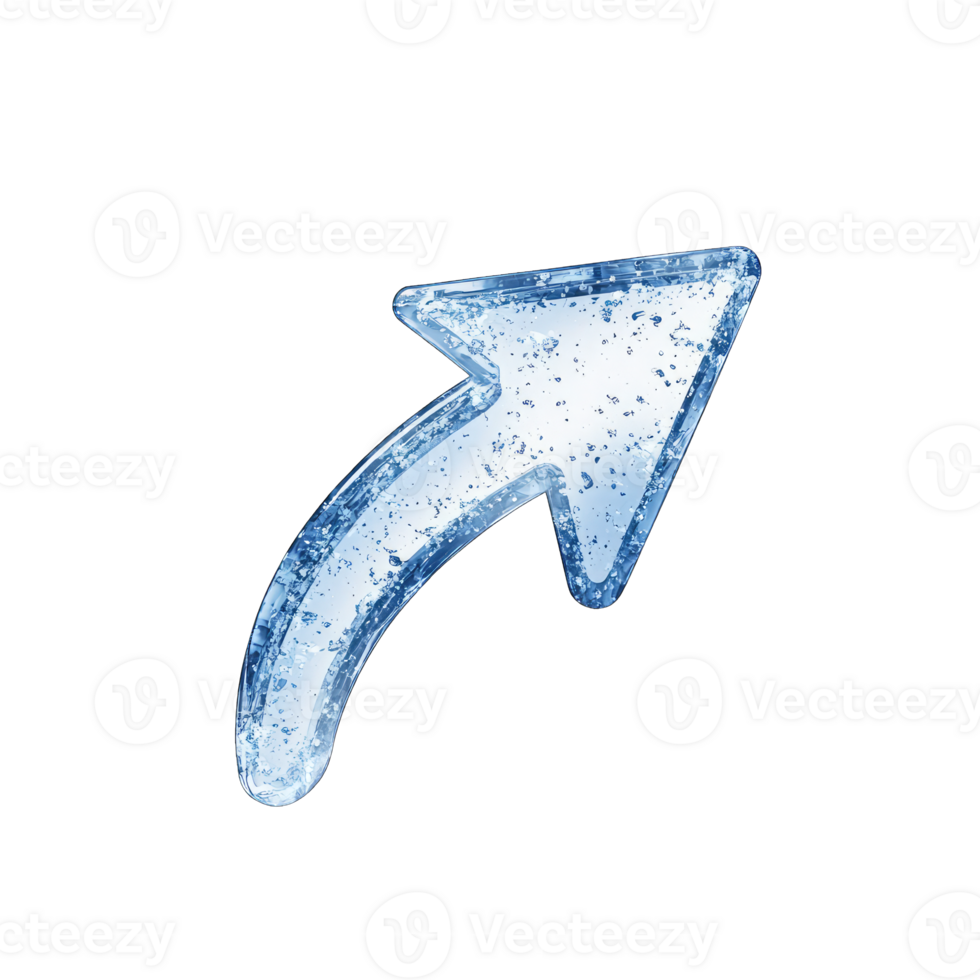 A translucent blue arrow with water droplets pointing upwards on a stark image design png