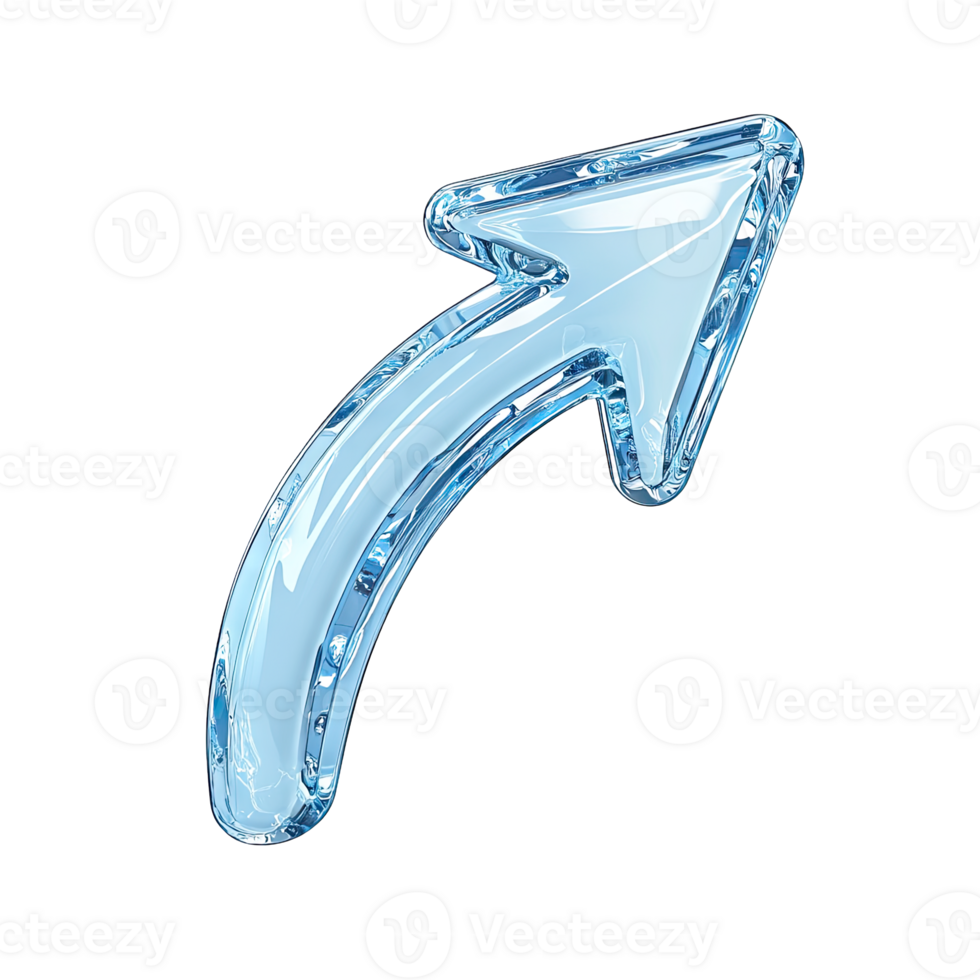 A glossy blue arrow curving upwards and pointing to the right on a stark image view png