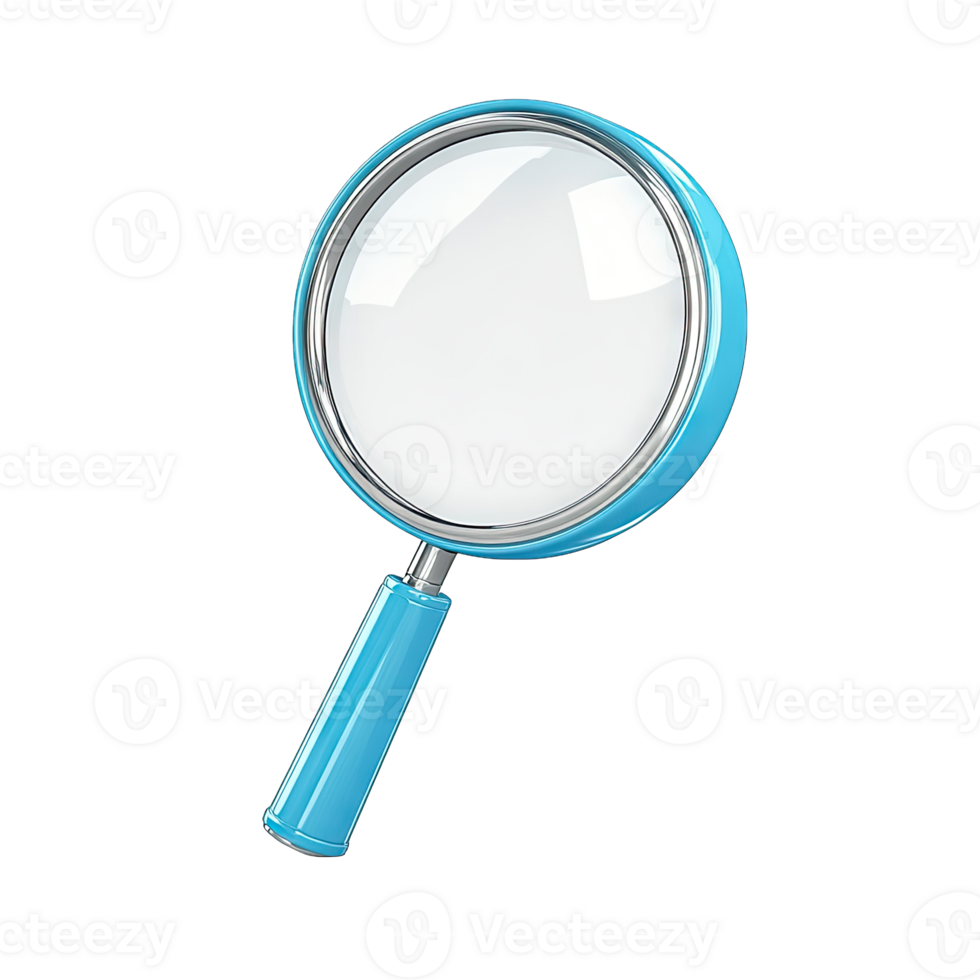Isolated image of a blue magnifying glass with a silver rim on a plain view from side png