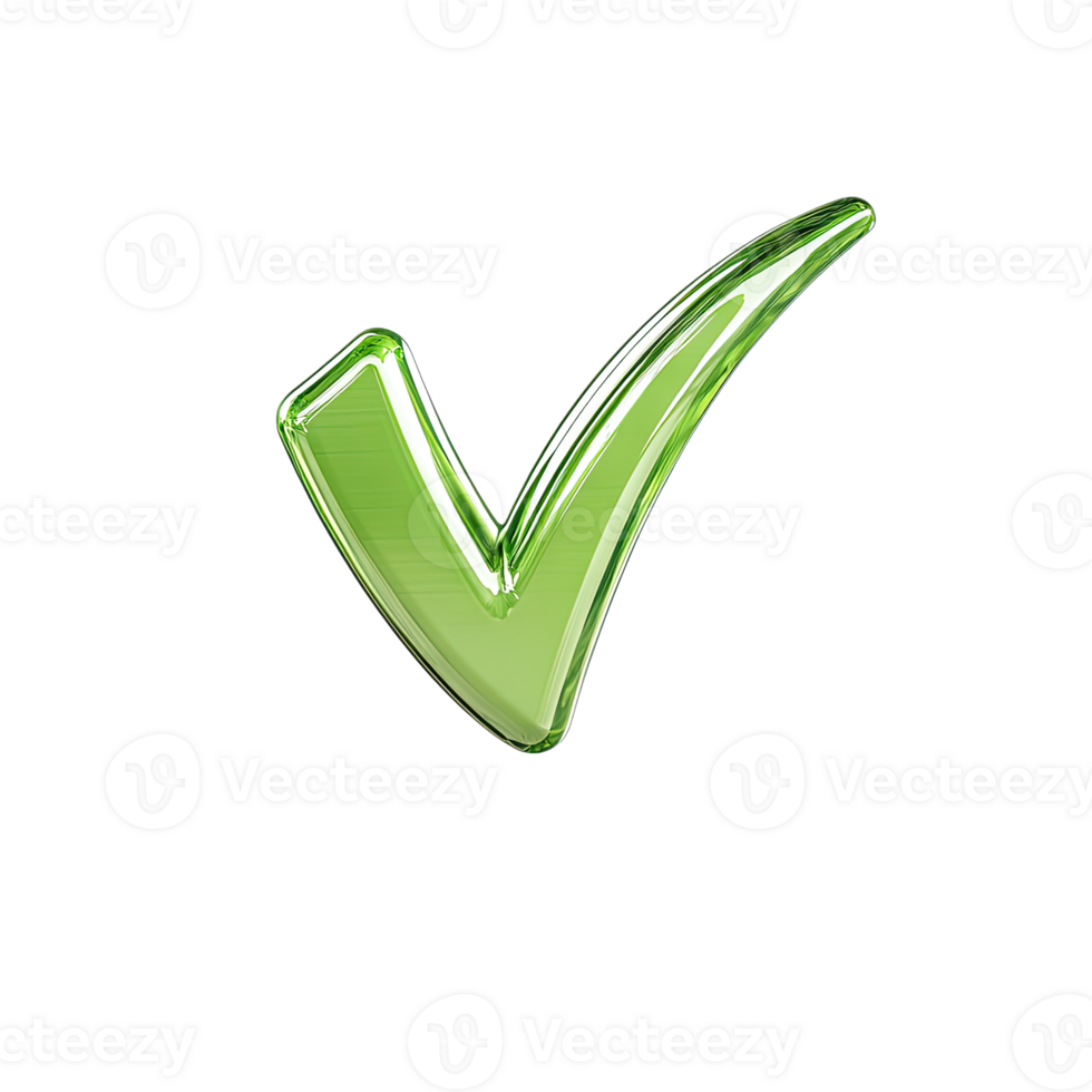 A shiny green check mark isolated against a in a studio shot rendering style png